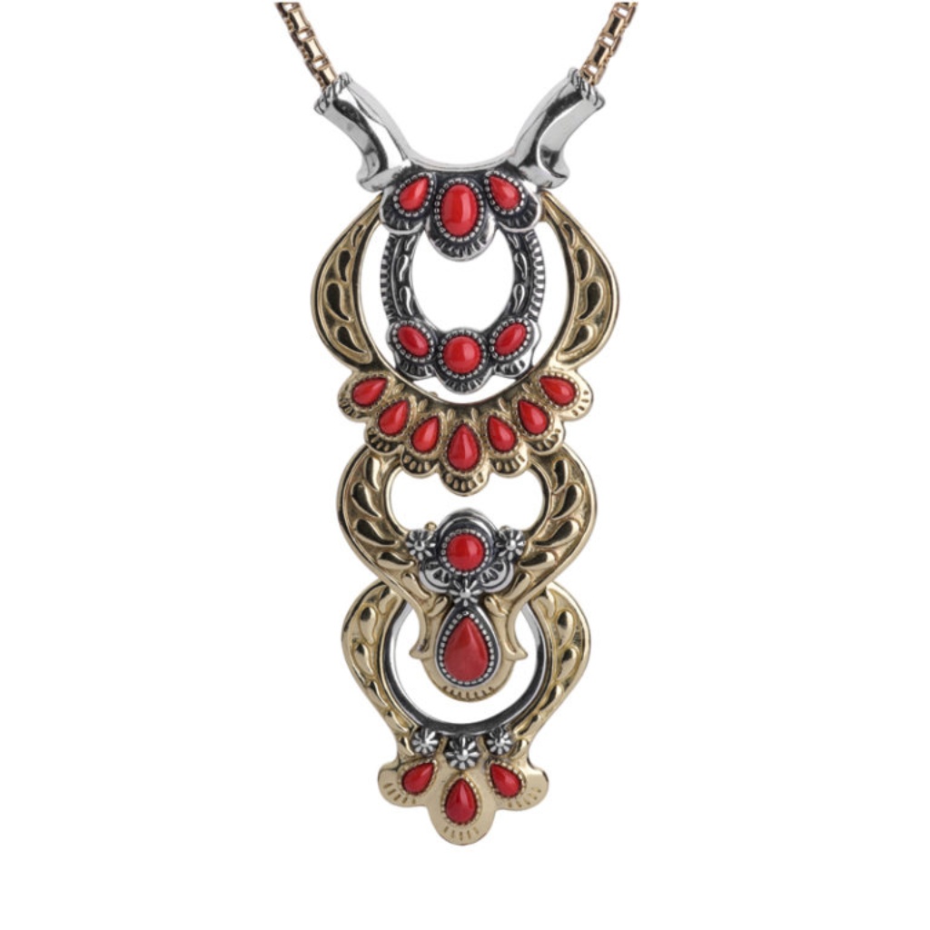 Sterling Silver Brass Red Coral Statement Necklace